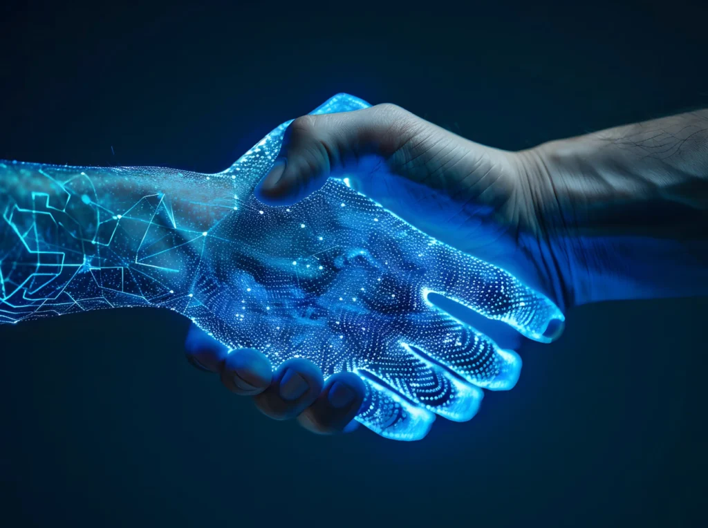 hand shaking between human and digital hand, integration between human and artificial intelligence.