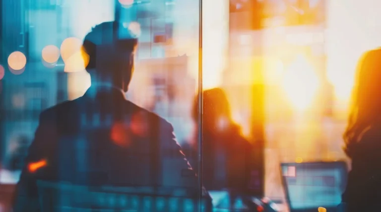 Silhouette di un consulente aziendale di spalle in ufficio moderno riflesso sul vetro con luci calde, a simboleggiare la visione strategica nella finanza agevolata